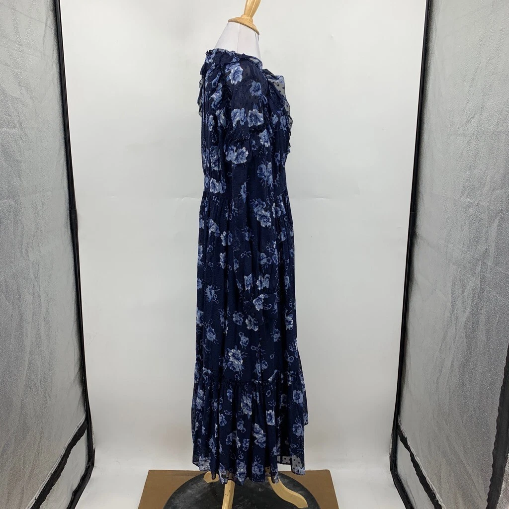 Abito donna Kate Spade 12 volant seta blu navy floreale maniche trasparenti a strati midi