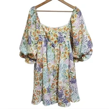 Sweet Lemon Babydoll Dress Womens L Floral Square Neck Puff Sleeve Cottagecore