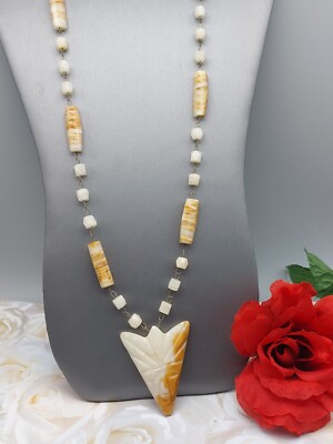 Artisan Stone Necklace Arrow Shape Brown Pendant Metal Links Long Beads 26''