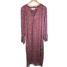 Natural Life Burgundy Floral Print Maxi Dress Tie Neck Long Sleeve Womens XL