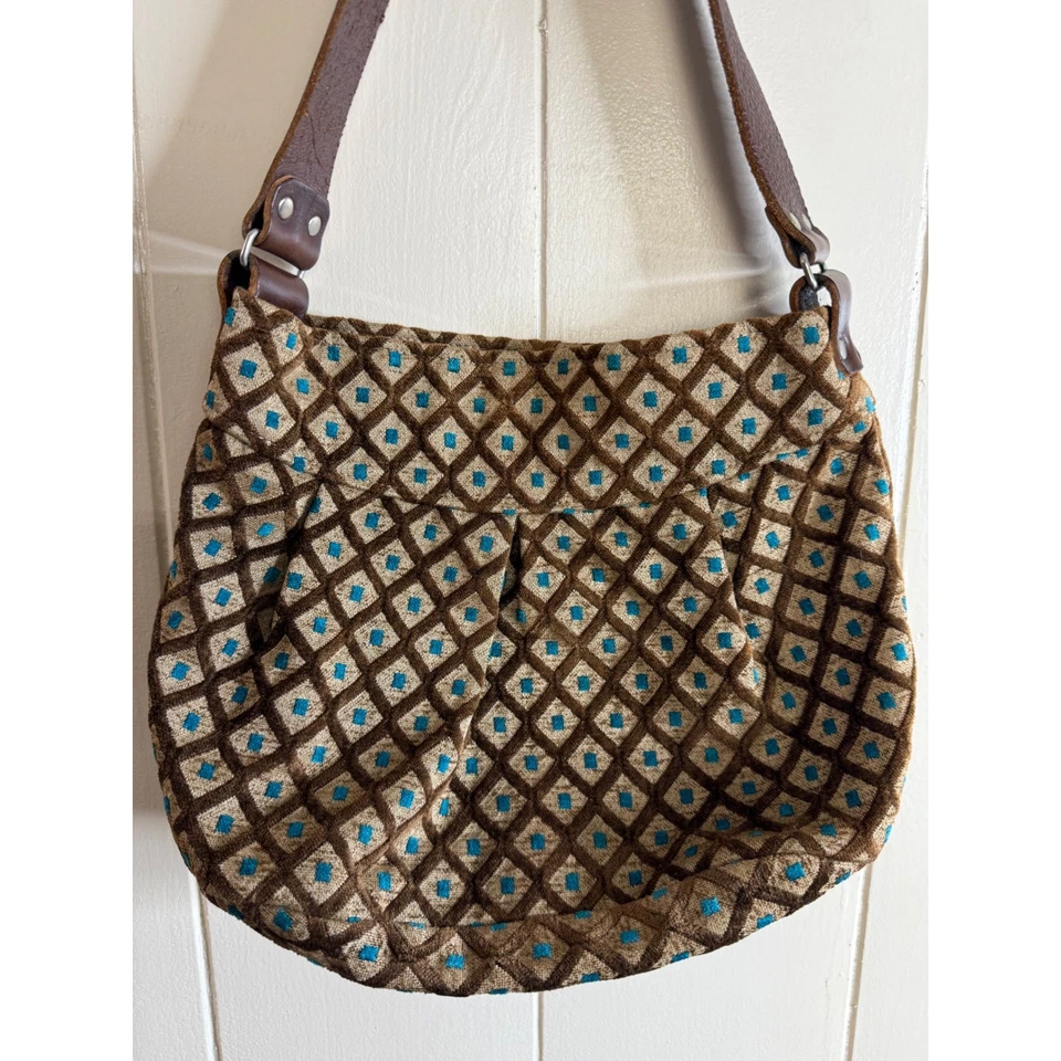 Midi Queen Shoulder Bag Women's Brown Blue Diamond Pattern Magnetic Closure - Image 3 of 4
