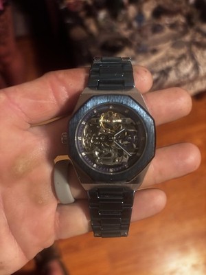 Octagon Skeleton Dial Analog Wristwatch Black Metal Bracelet 12-Hour Dial