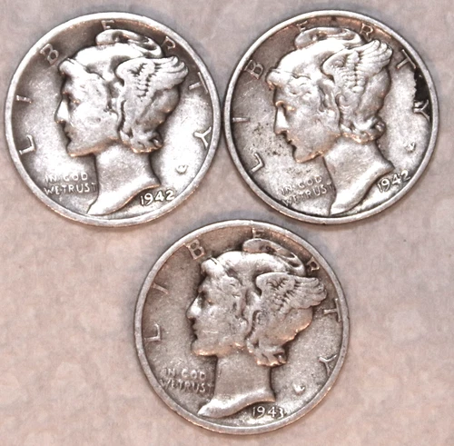 (3) Mercury Dimes - 1942D 1942P 1943P - Very Fine - #2287ED - FREE SHIPPING