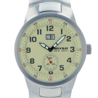 Beuchat Mens Watch Cream Dial Big Date Swiss 100M Steel Quartz Bracelet