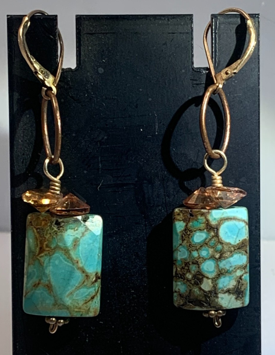 Faceted Turquoise earrings, Rectangular, pierced … - image 1