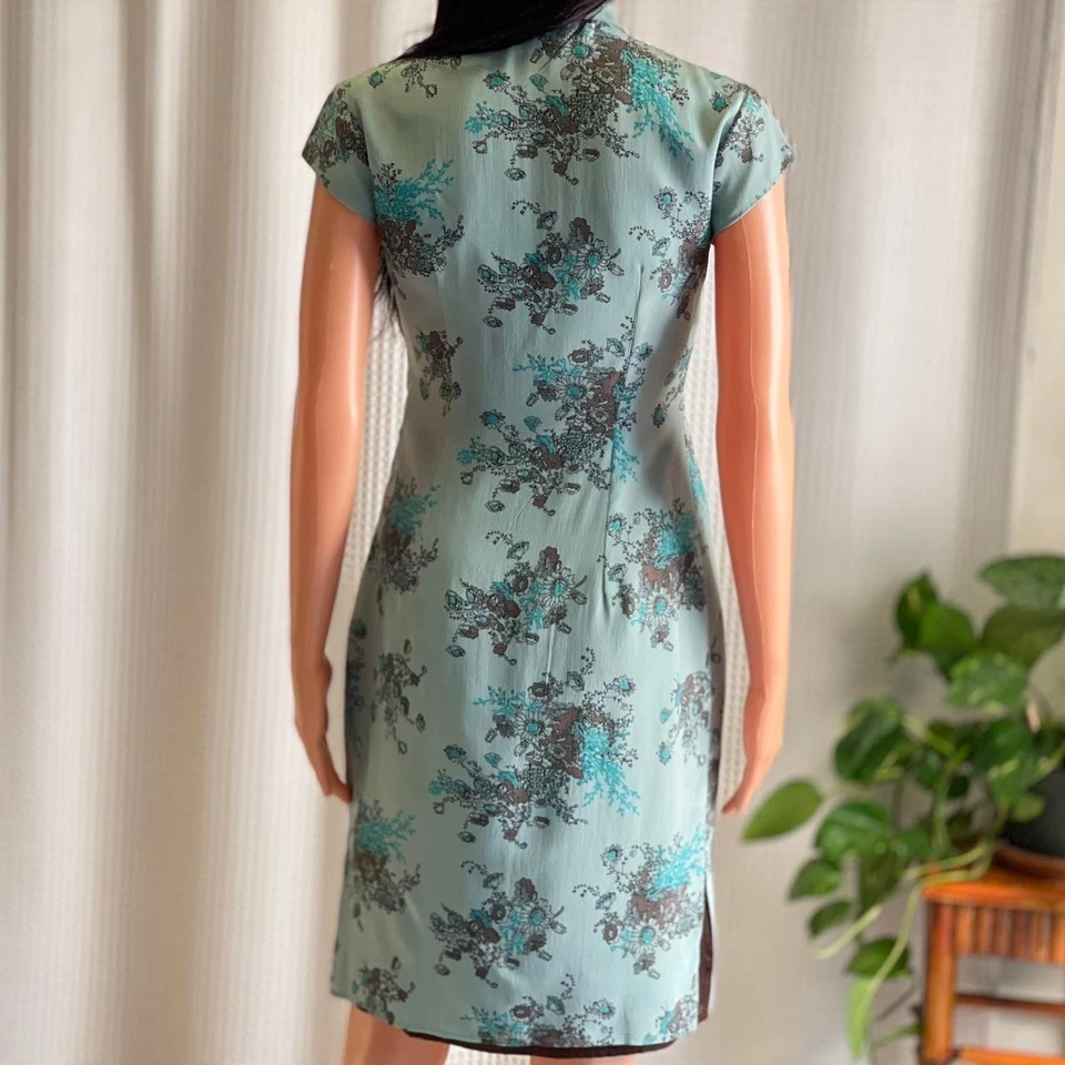 Vintage 90s Tessuto Floral Print Cheongsam Qipao Dress Blue Brown Silk Size 2 - Image 4 of 4