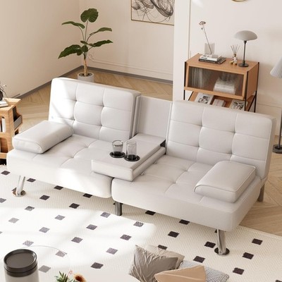 Faux Leather Sofa Bed Convertible Futon Sofa with 2 Throw Pillows Cup Holders