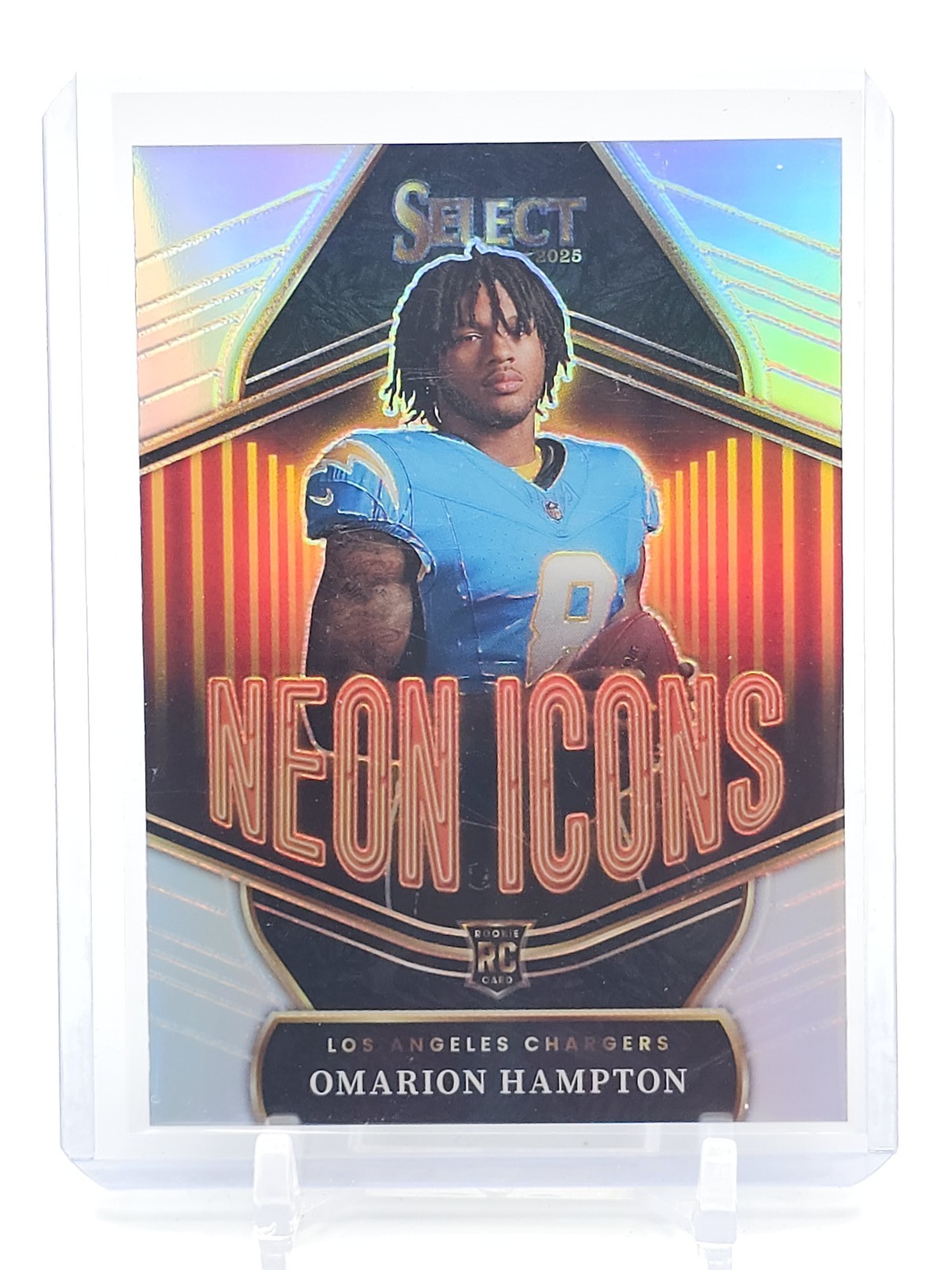 OMARION HAMPTON 2025 SELECT NEON ICONS SILVER PRIZM ROOKIE #15 CHARGERS Q2620