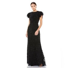 Mac Duggal Floral Embellished Flutter Cap Sleeve Gown in Black- NWT