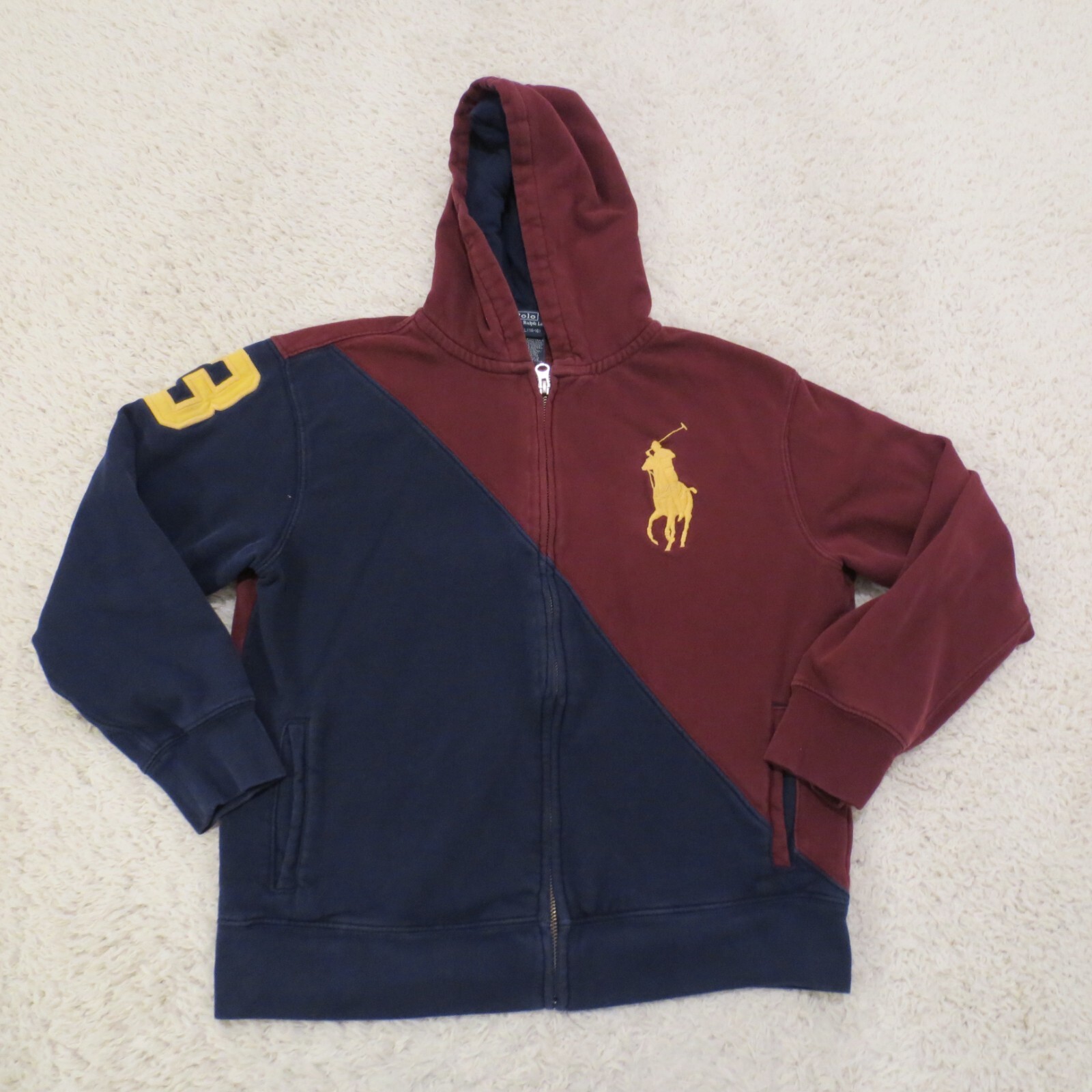 Polo Ralph Lauren felpa con cappuccio ragazzo grande 14 16 blu grande pony rugby fascia maglione