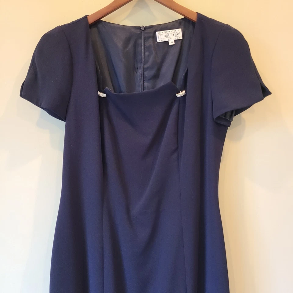 Vestido justo feminino vintage Saks Fifth Avenue azul marinho tamanho 10 gola quadrada carreira - Imagem 3 de 4