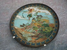 Assiette ancienne en tôle peinte à la main/déco/oiseaux/diamètre 32,5cm