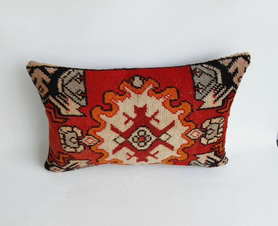 decorative rustic turkish wool rug pillow cover , 16x24 inches red and black - Image 3 of 4