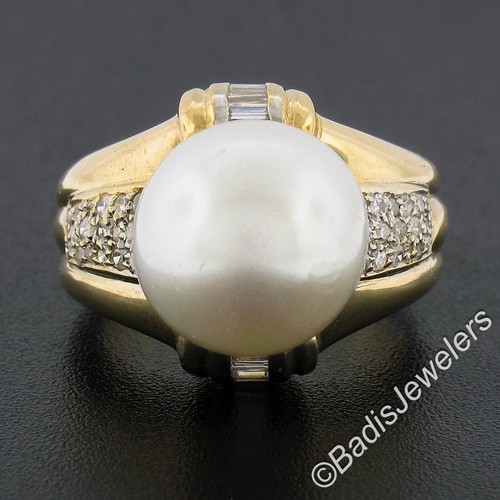 14K Yellow Gold Large 12.58mm South Sea Pearl Ring w/ Baguette & Round Diamonds - 第 3/9 張圖片