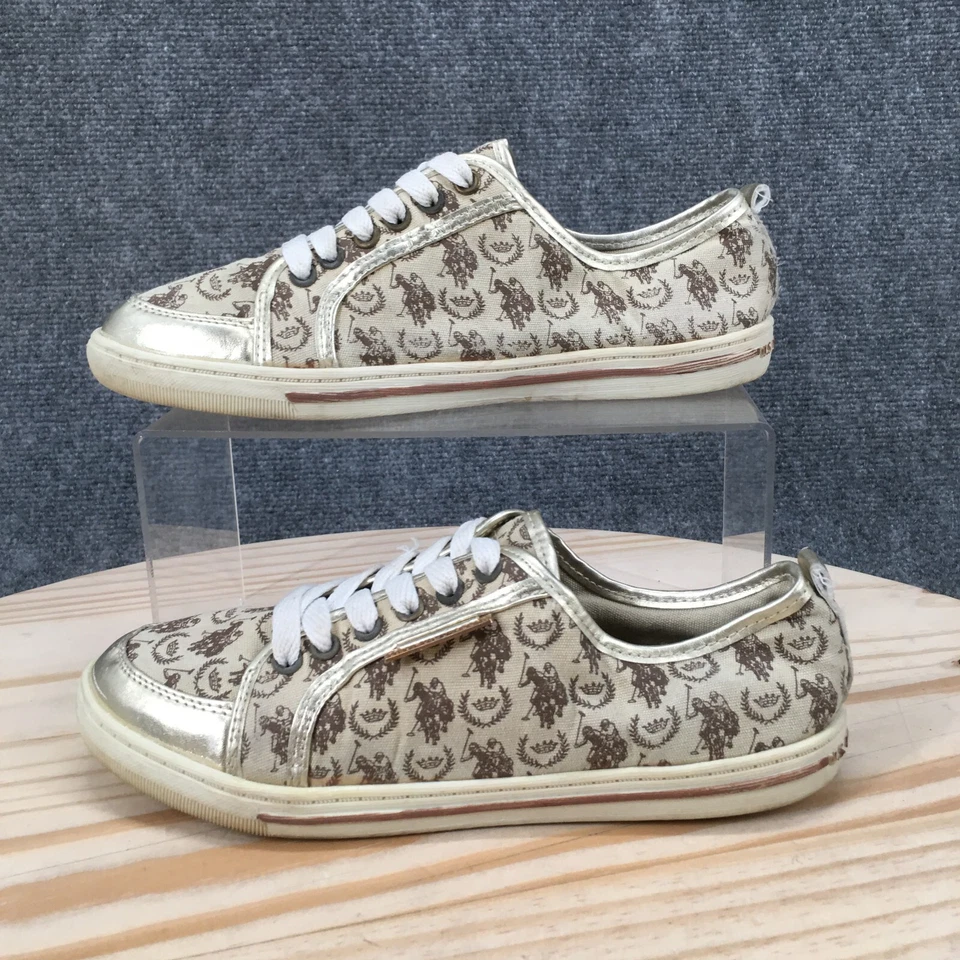 EE. UU. Polo Assn Zapatos Mujer 7M Moda Tenis Dorado Con Cordones Parte Superior Baja Cómodos Planos Foto 2 de 4