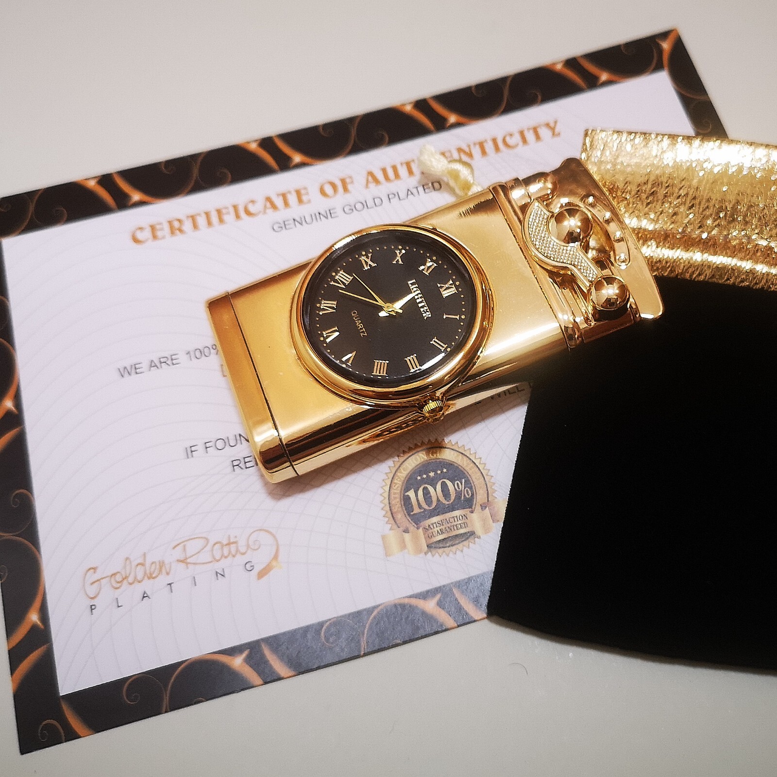 24k Gold Plated Lighter Double Flame Jet Cigar Light Built in Clock Gift Bag