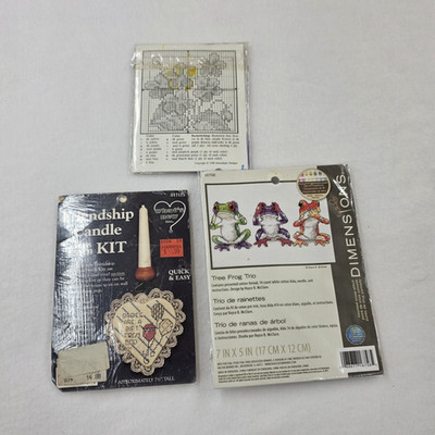 Vintage Cross Stitch Kit Lot: Dimensions Tree Frog Trio, Friendship Candle  More