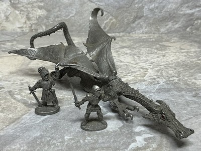 Lot Of 3 - Vintage Ral Partha Pewter Stalking Red Eye Dragon & Knights Figurines