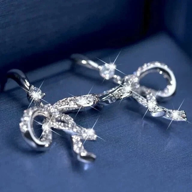 Women's Bow Drop Hook Earrings Round Cut Simulated Diamond 14k White Gold Plated - Image 3 of 4