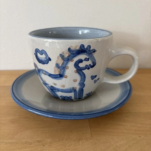 MA Hadley Pottery Stoneware Coffee/Tea Cup + Saucer "The End" Horse 3.25” Tall