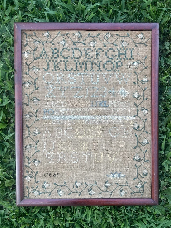 Rebecca Hands Antique American Silk Needlework Sampler 18 x 16 AAFA 19th Century - Image 2 of 4