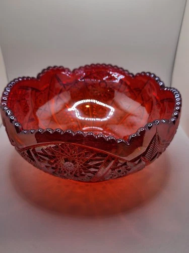 Vtg Indiana Glass Heirloom Sunset Red Carnival Glass Bowl Scallop Edge, 8" diam
