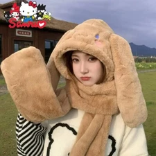 3 in 1 Cinnamoroll Winter Warm Plush Hat Cap Hooded Scarf Gloves for Girls women