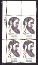 #1446 SIDNEY LANIER. LOT OF (10) MINT PLATE BLOCKS. F-VF NH!