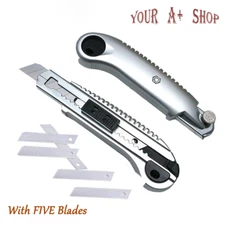 Utility Knife Box Cutter Retractable Squeeze Knife W/5 Sharp Blades Quick Change