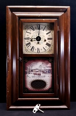 Vtg New England Clock Wood Case Home To Thanksgiving 8 Day Wind Up