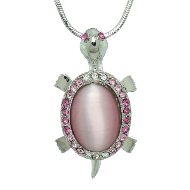 Swarovski Crystal Pink Glass Turtle Pendant Necklace with 18 Inch Chain