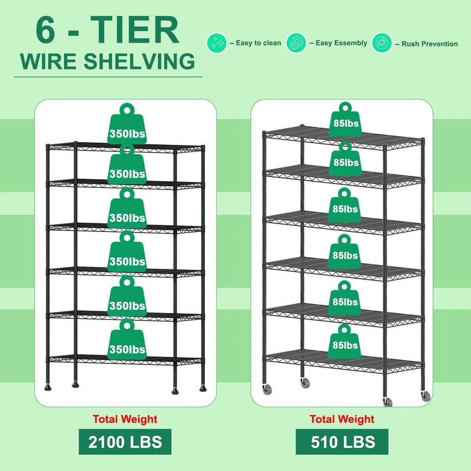 Wire Shelving Unit with Wheels Steel 6 Tier Heavy Duty Layer Rack 18x48x82 inch - Image 3 of 4