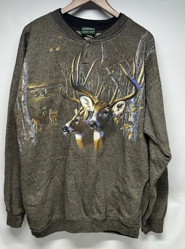 Vtg Forest Glen Apparel Deer AOP Sweatshirt Men’s Size XL Pockets Buttons