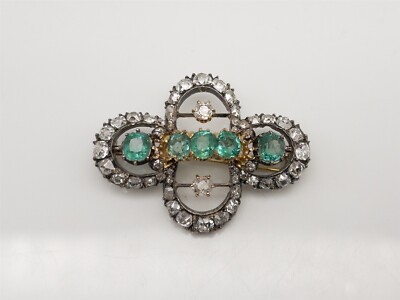 Antique 1880s 12ct Colombian Emerald VS Mine Cut Diamond 14k Yellow Gold Brooch
