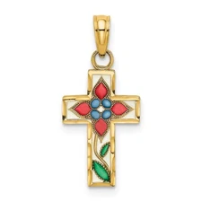 14K Yellow Gold Enameled With Flower Cross Charm Pendant 0.52g