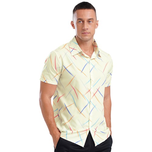 Mens Colorful Striped Casual Short Sleeve Button Down Vacation Holiday Tops - Picture 33 of 77