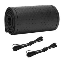 Genuine Leather Steering Wheel Cover, Stitch on Wrap, DIY Full Hole Black