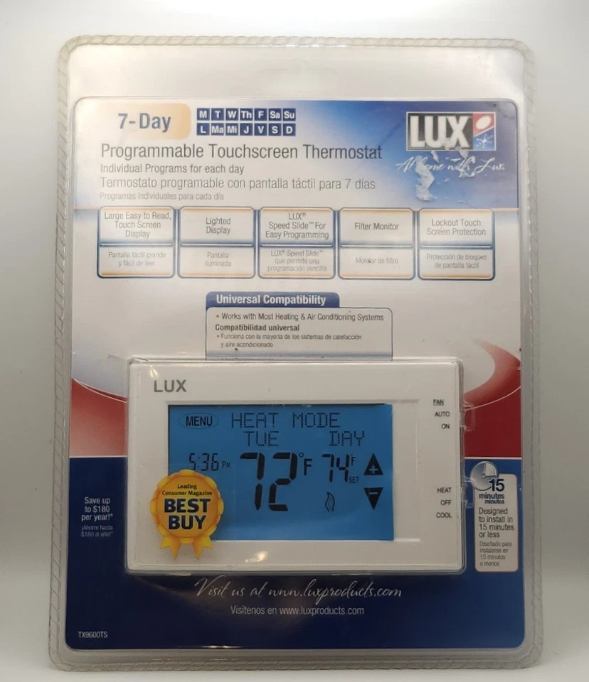 Lux TX9600TS Touchscreen Programmable Thermostat - White - Image 2 of 3