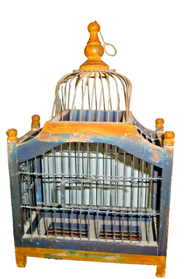 Vintage Wood and Wire Bird Cage-Hang or Stand alone. 15'' tall x 9'' wide