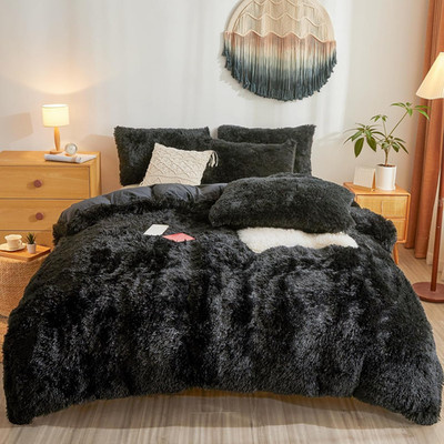 Fluffy Faux Fur Black Comforter Cover Queen Set, Plush 3-Piece Bedding Set