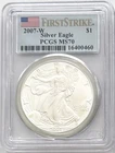 2007 W BURNISHED SILVER EAGLE WITH W MINT MARK FIRST STRIKE PCGS MS70 FLAG LABEL