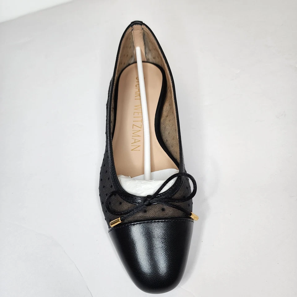 Stuart Weitzman Women's Black Leather and Mesh Bow Flat Ballet Shoes Size 5.5 - Image 2 of 4