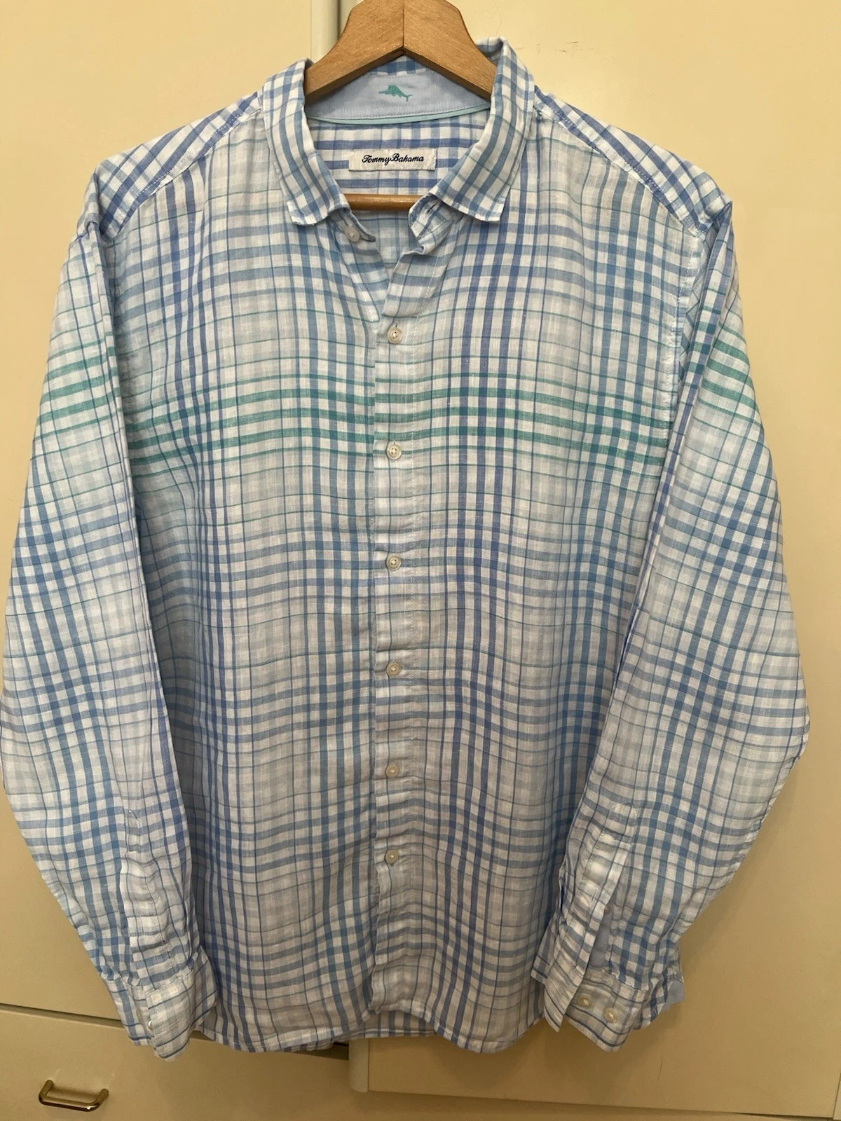 Tommy Bahama 100% Linen Plaid Shirt Size Large Relaxed Fit Multicolor Button Up