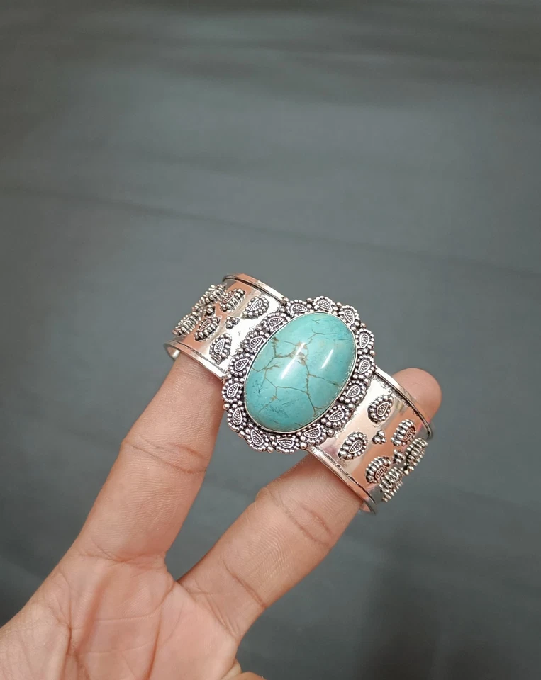 Beautiful Copper Turquoise Gems Bangle Sterling Silver Adjustable Gift Bangle Foto 4 de 4