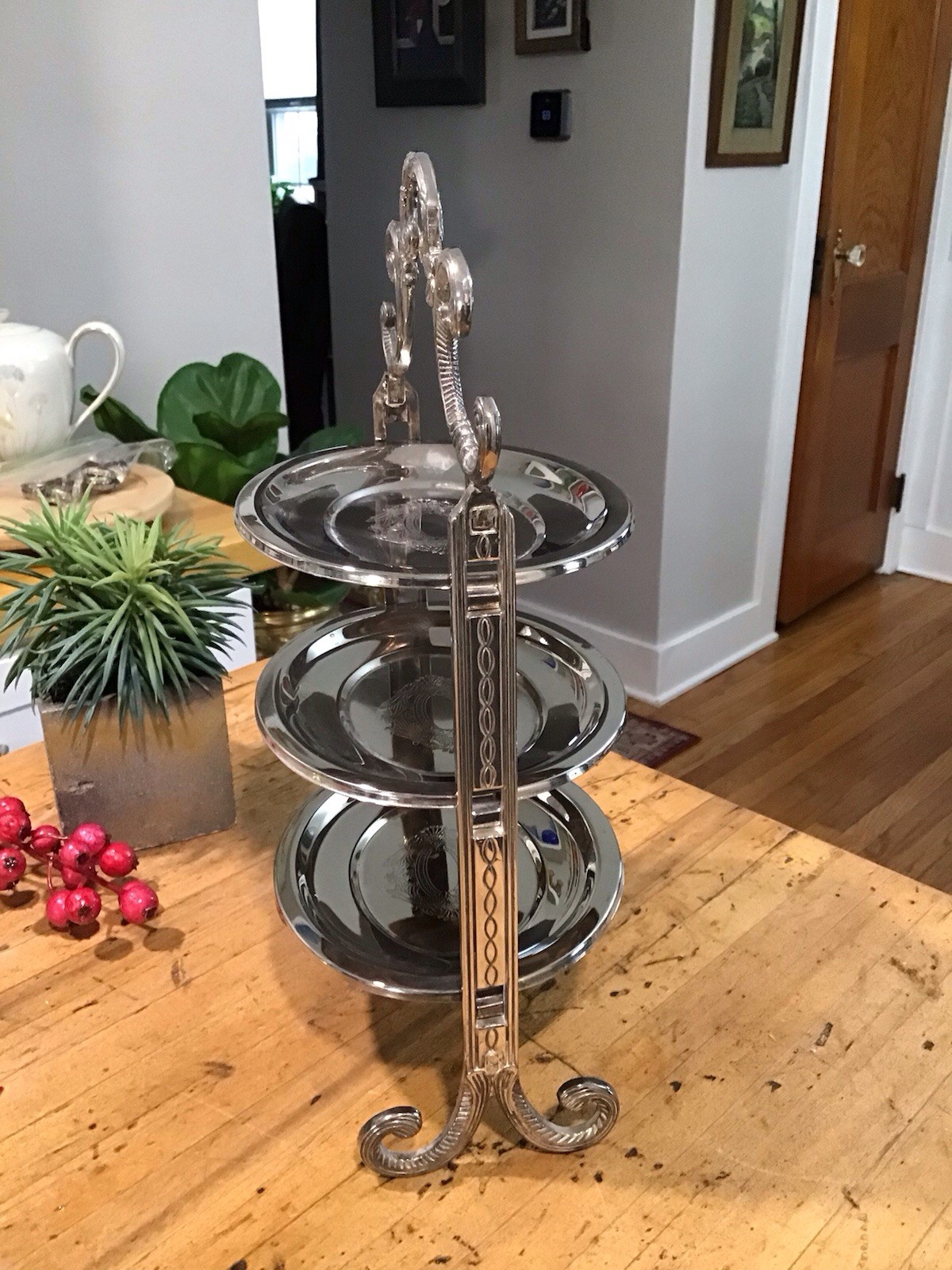 Vintage Edwardian Style  3 Tier Removable  Cake/Candy Stand Engraved Silverplate