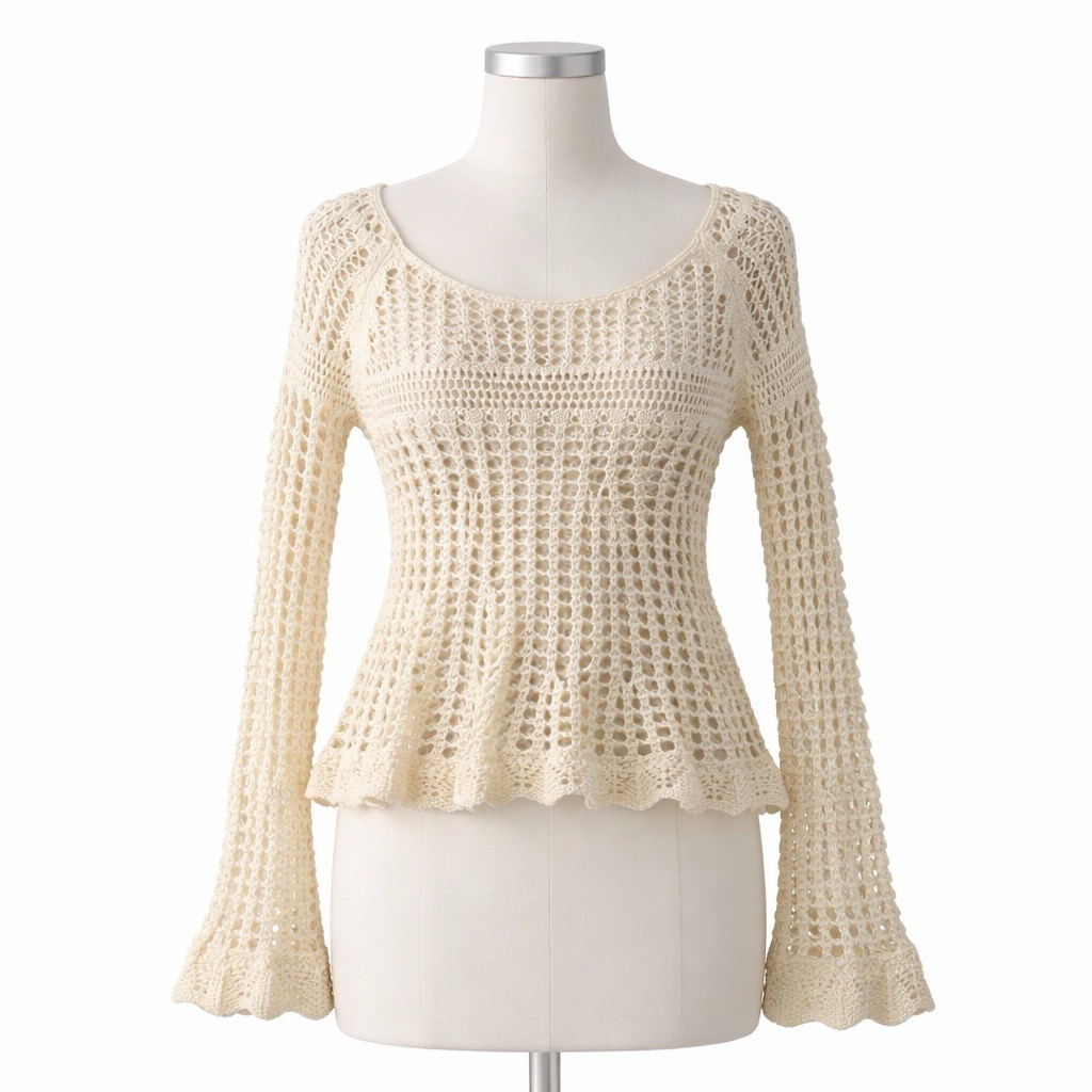 Free People Women’s Crochet Sweater Top XS Ivory Open Knit Bell Sleeve Boho