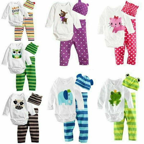 Newborn Baby Boy Girl Outfit Set Long Sleeve Pants Hat Kids Clothes Romper Tops- - Picture 4 of 13