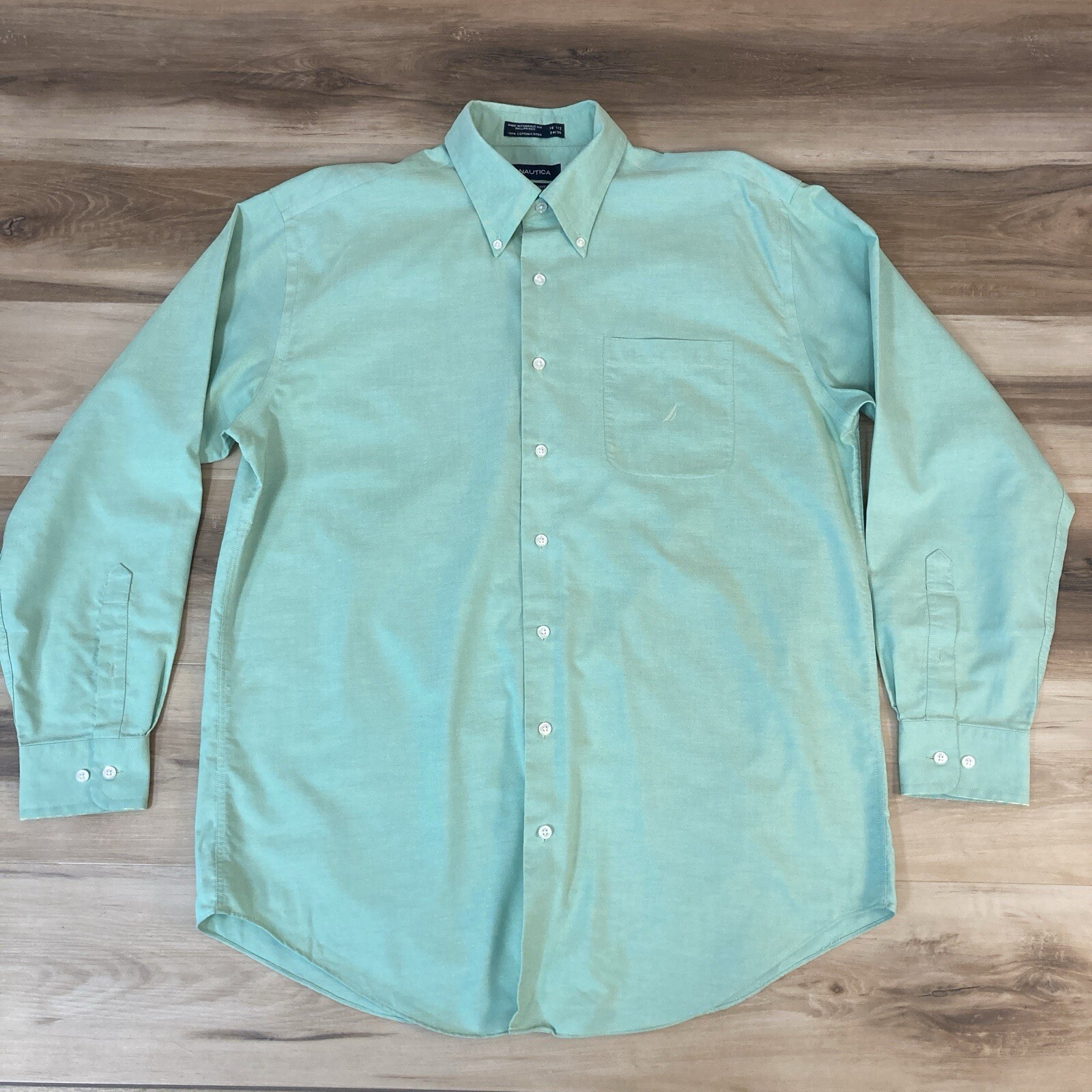 Nautica Shirt Mens 16.5 34 -35 Green Long Sleeve Button Down Vintage Oxford OCBD