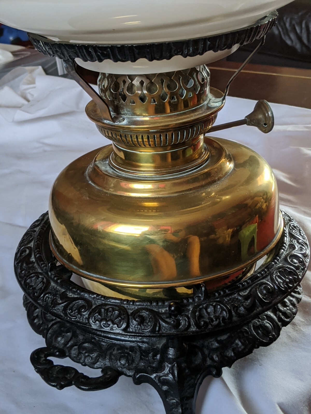 unusual ANTIQUE brass PARAFIN oil lamp iron cast base large shade (line