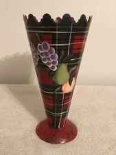 Vintage Tin Metal Vase with Decorative Rim, Red/Green Plaid with Fruit Design
